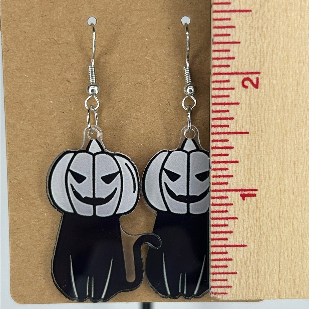 Cat Pumpkin Head Earrings 2D Acrylic Cartoon Halloween - Picture 2 of 3